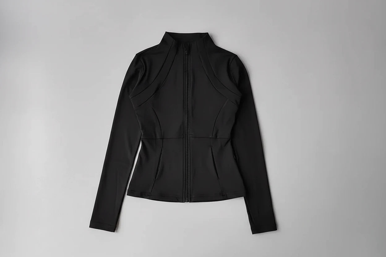 Black jacket with an orange tag on a gray background