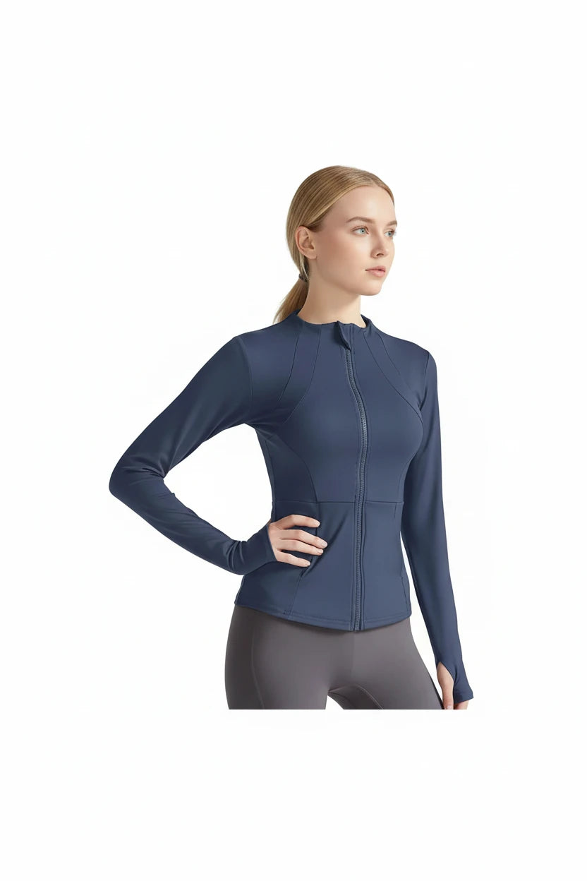 Blue athletic jacket worn by a person on a light gray background