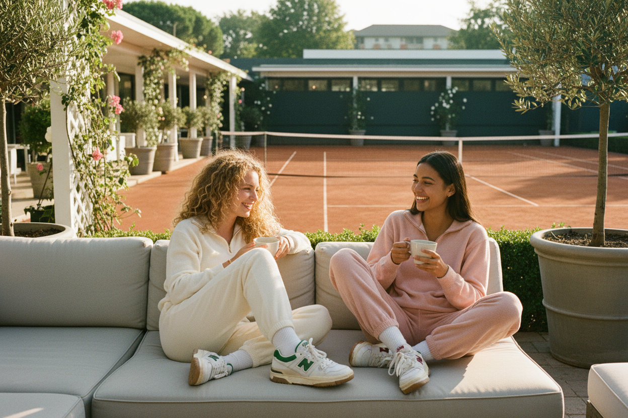 Different models in lounge sets with New Balance at tennis court